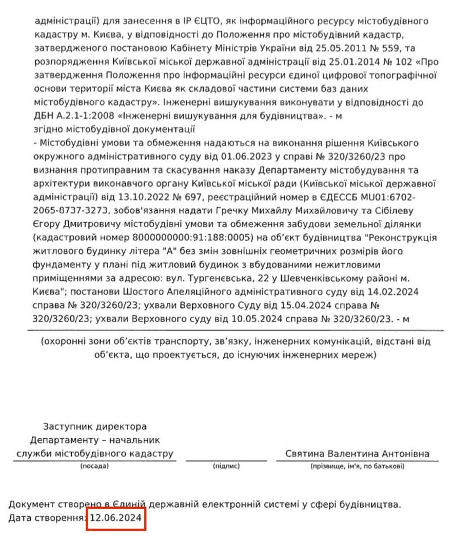 12 червня 2024 р. профільний бдівельний департамент КМДА видав дозвіл на реконструкцію Садиби Зеленських в 9-12 поверховий ЖК «Тургеневъ».