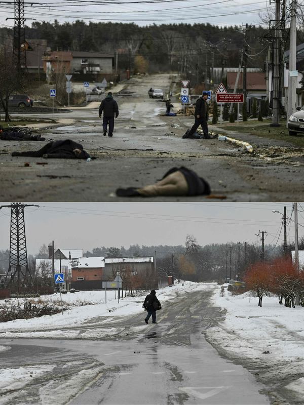 Буча у квітні 2022 року і місто у лютому 2024 року. Фото: RONALDO SCHEMIDT and Sergei SUPINSKY / AFP/ East News