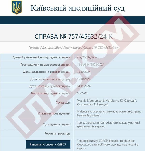 Апеляційний суд не поспішає з переглядом арешту Тетяни Крупи, взяв перерву на місяць / дані з сайту Київського апеляційного суду