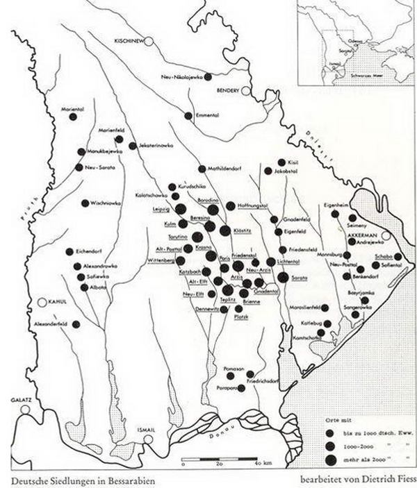 Населені пункти Бессарабії з кількісним показником етнічних німців. Джерело: frumushika.com.