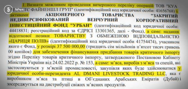 Дозвіл на виведення валюти під приводом закупівлі м’яса просила Компанія з управління активами “Ессетс файненшл груп”, де одним із співвласників є Артем Колюбаєв. 